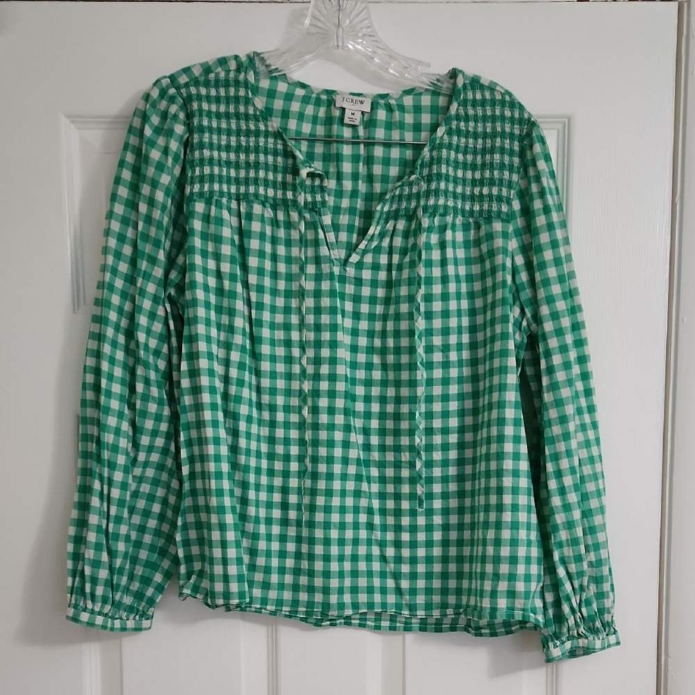 J. Crew Green and White Smocked Blouse with Tie Collar